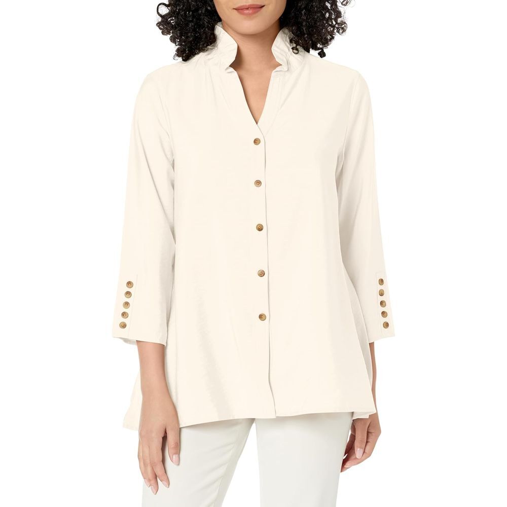 Multiples Elegant Cream Button Front Tunic Top with Decorative Sleeve Buttons